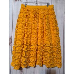 New York & Company Yellow Floral Lace Midi Skirt Size L A Line Sheer Lined
